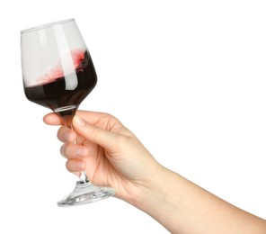 Photo of Woman with glass of wine isolated on white, closeup