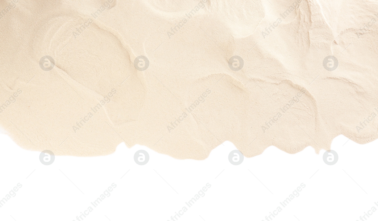 Photo of Dry beach sand on white background, top view