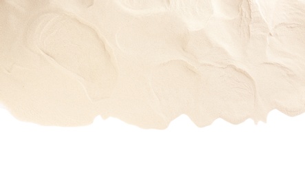 Photo of Dry beach sand on white background, top view