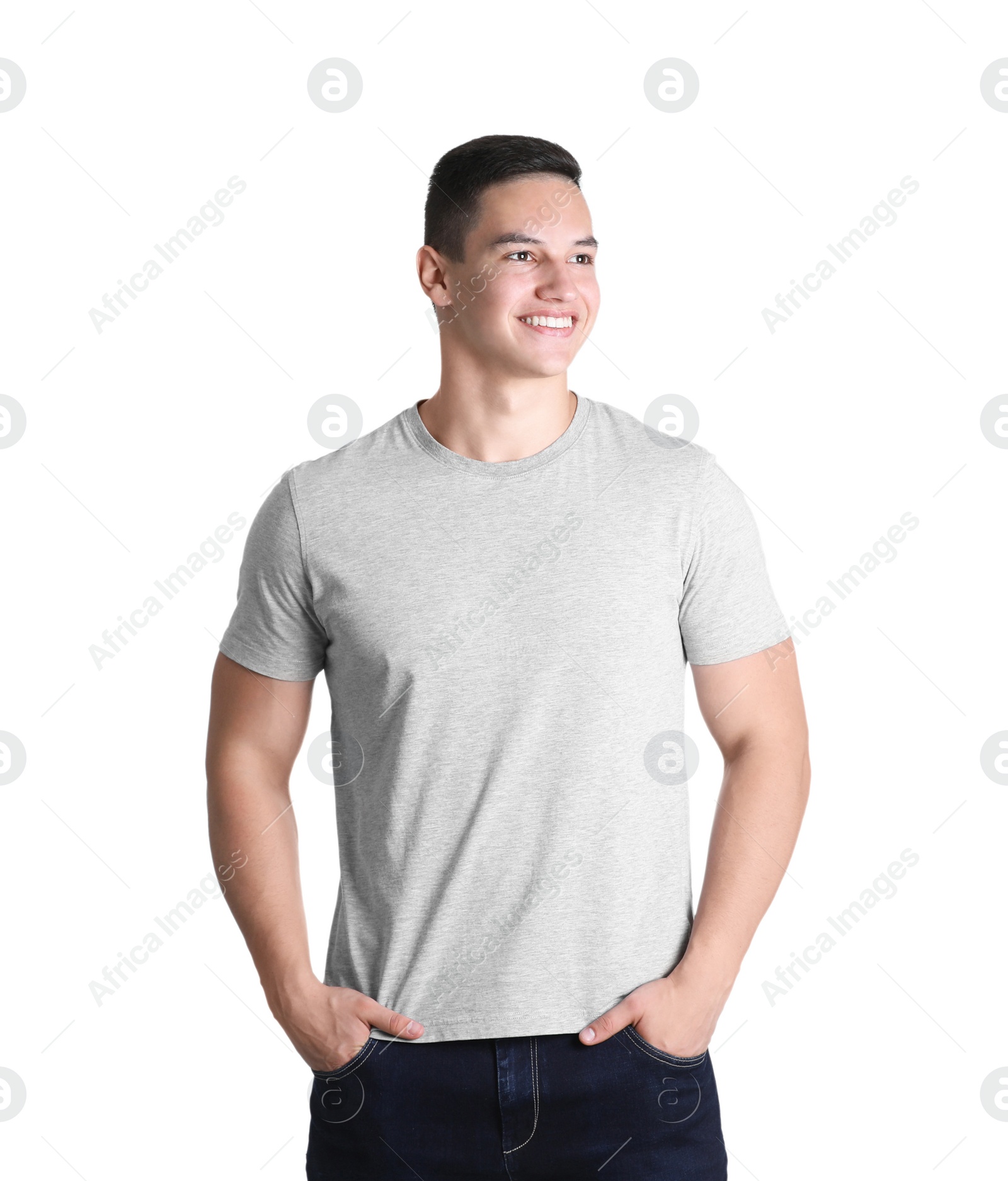 Photo of Young man in grey t-shirt on white background. Mockup for design