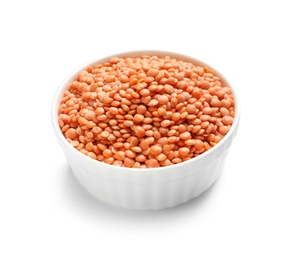 Photo of Bowl with red lentils on white background. Natural food high in protein