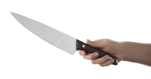 Photo of Woman holding knife on white background, closeup