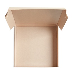 Photo of Open cardboard pizza box on white background