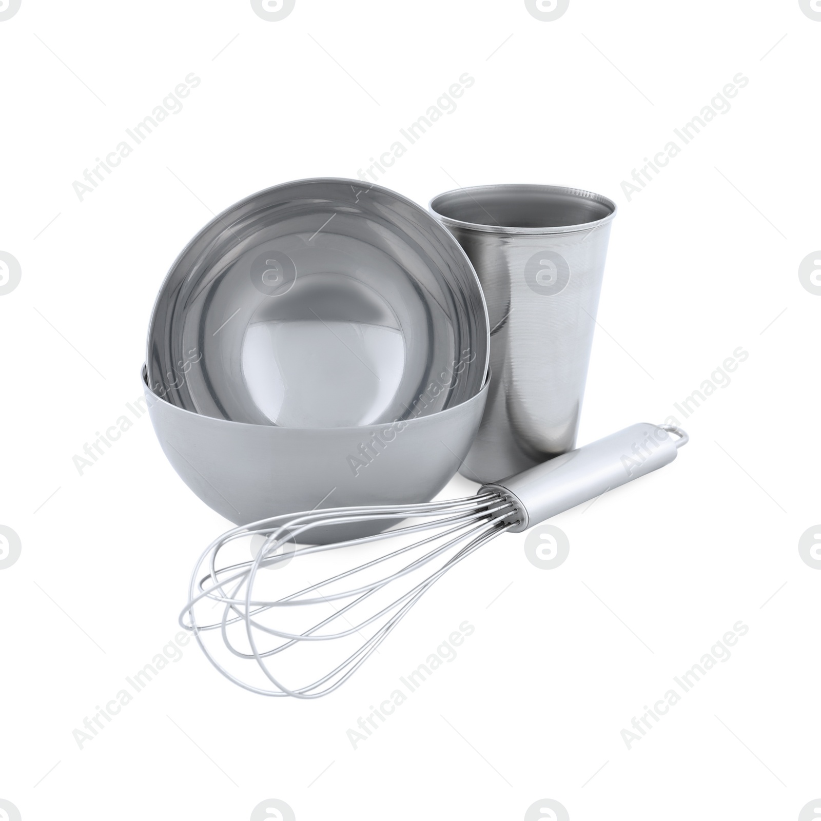 Photo of Empty clean metal dishware on white background