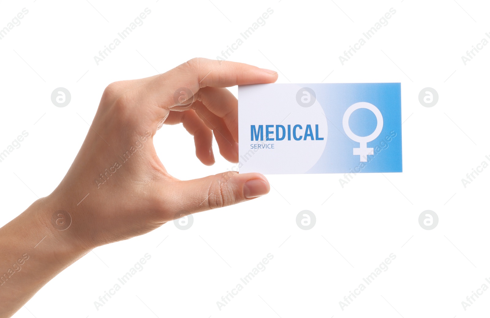 Photo of Girl holding medical business card isolated on white, closeup. Women's health service