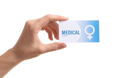 Girl holding medical business card isolated on white, closeup. Women's health service