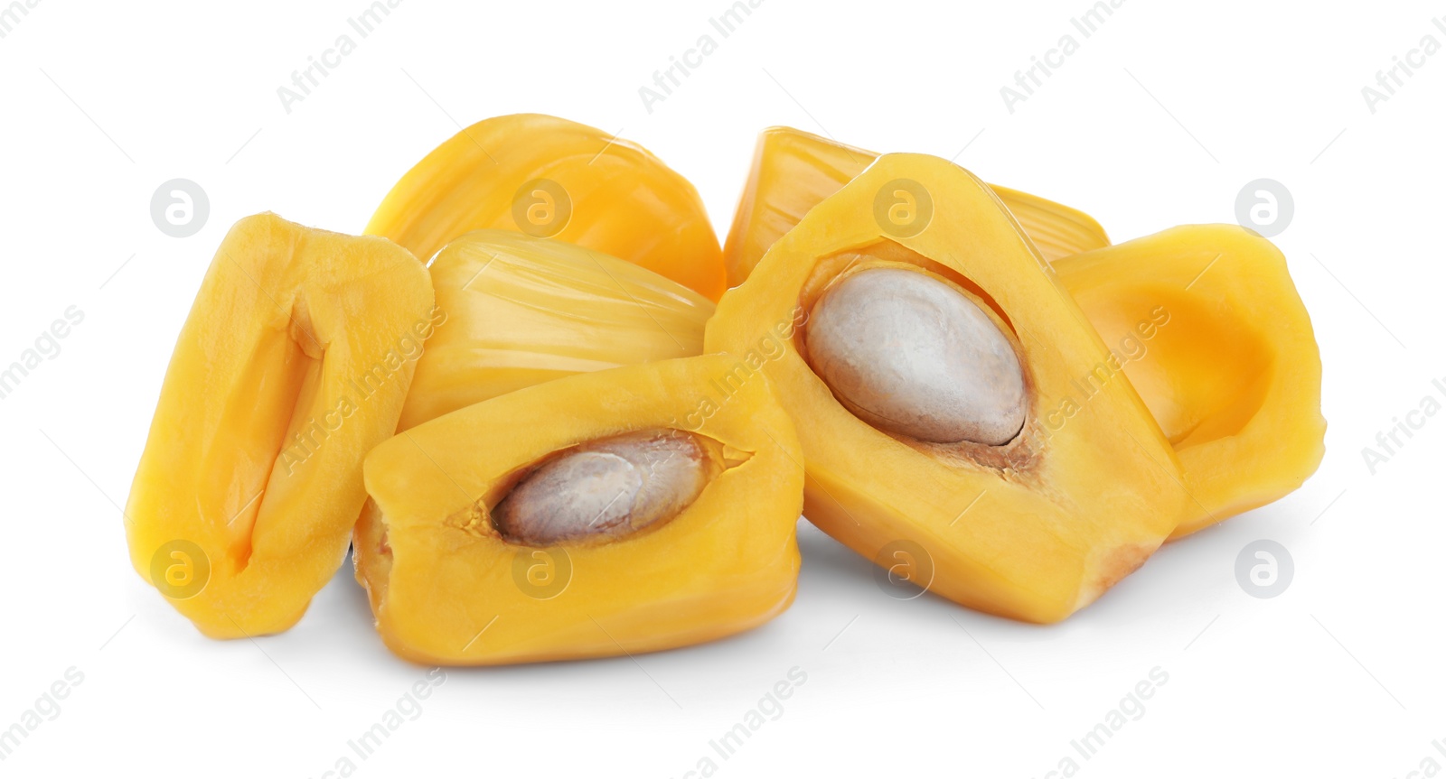 Photo of Delicious exotic jackfruit bulbs on white background