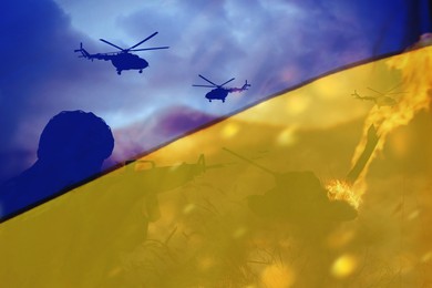 Double exposure of Ukrainian national flag and soldier with weapon in combat zone