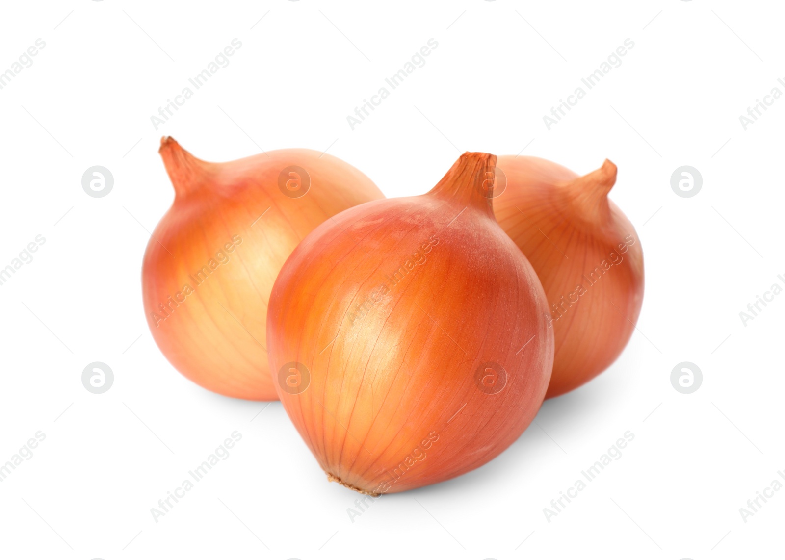 Photo of Many fresh unpeeled onions on white background