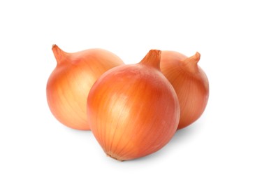 Photo of Many fresh unpeeled onions on white background