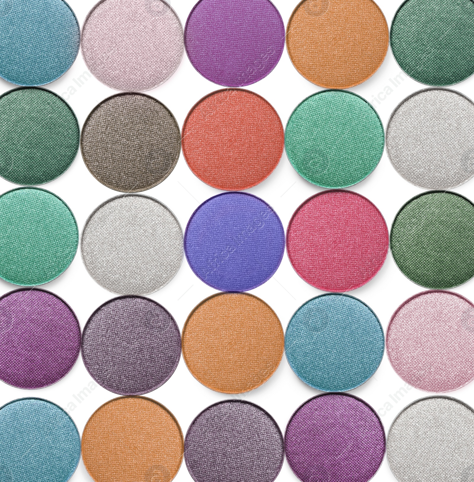 Image of Collage of beautiful different eye shadow refill pans on white background