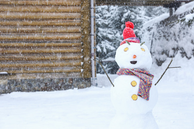 Photo of Funny snowman with hat and scarf outdoors on snowy day. Winter vacation