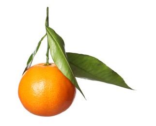 Photo of One fresh tangerine with green leaves isolated on white