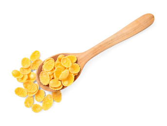 Photo of Wooden spoon of tasty corn flakes on white background, top view