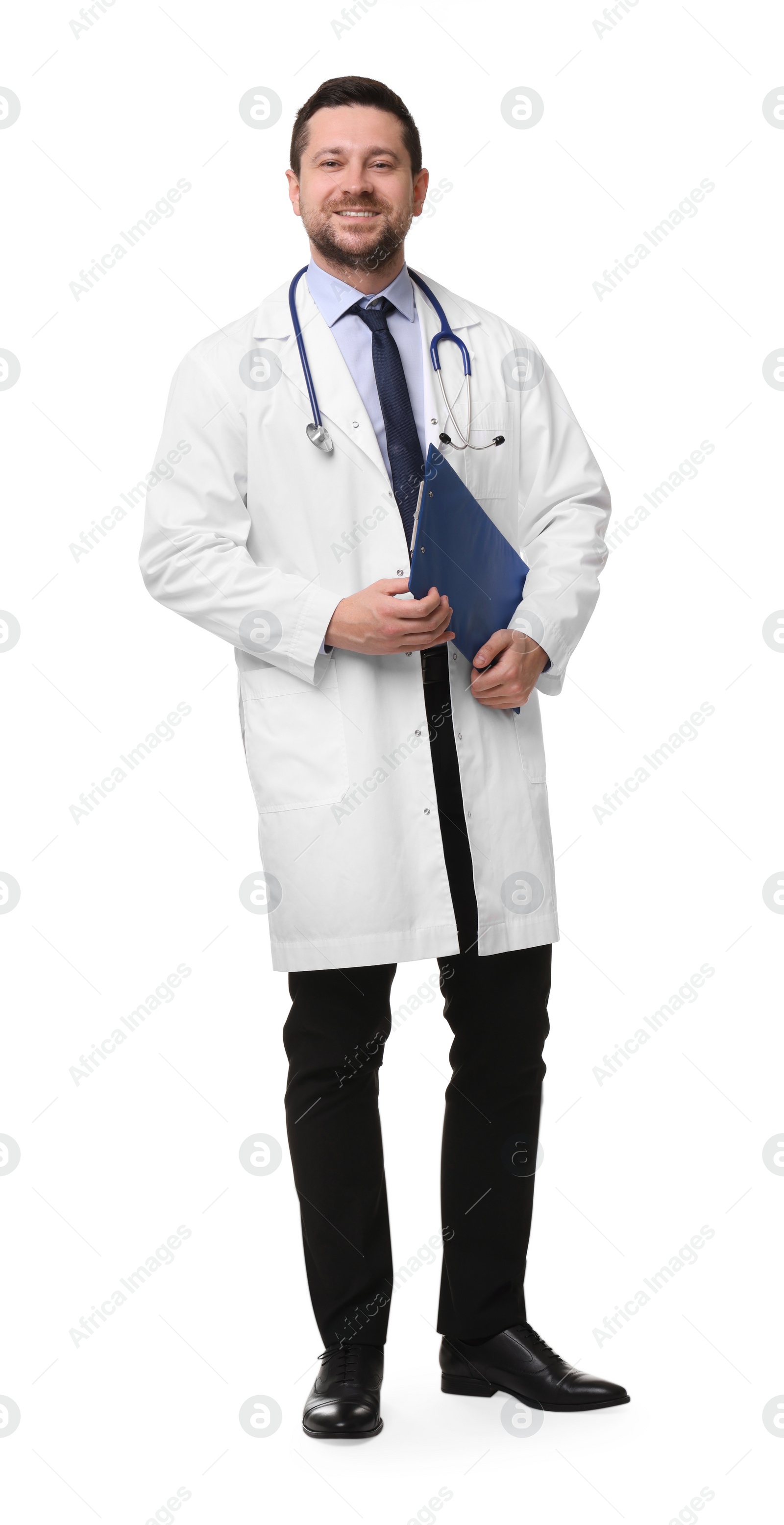 Photo of Full length portrait of smiling doctor with clipboard isolated on white