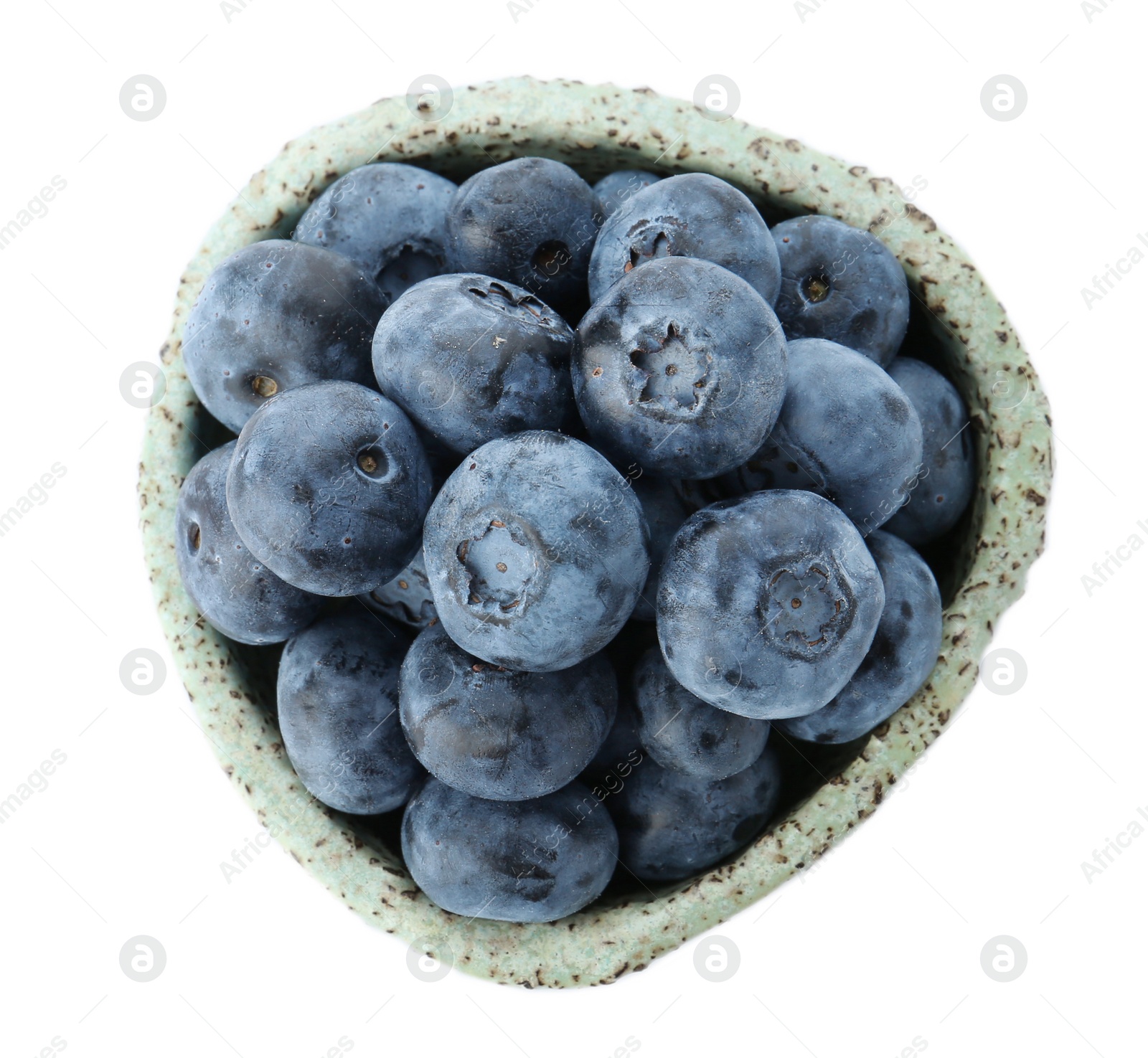 Photo of Bowl full of fresh ripe blueberries on white background, top view