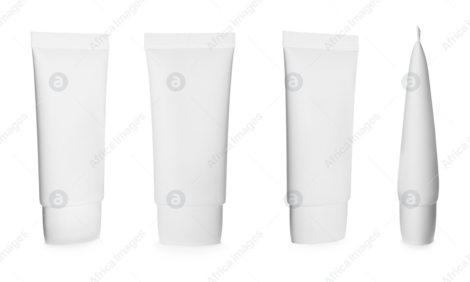 Image of Set with blank tubes of cosmetic products on white background. Mockup for design