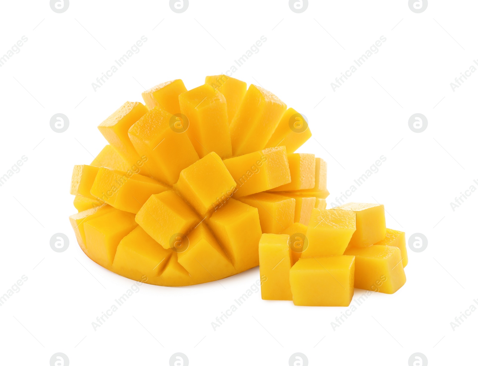 Photo of Cut ripe mango isolated on white. Exotic fruit