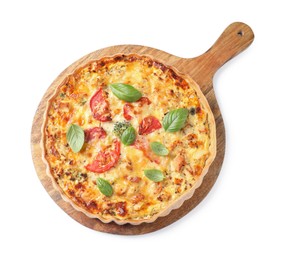 Photo of Tasty quiche with cheese, tomatoes and basil leaves isolated on white, top view