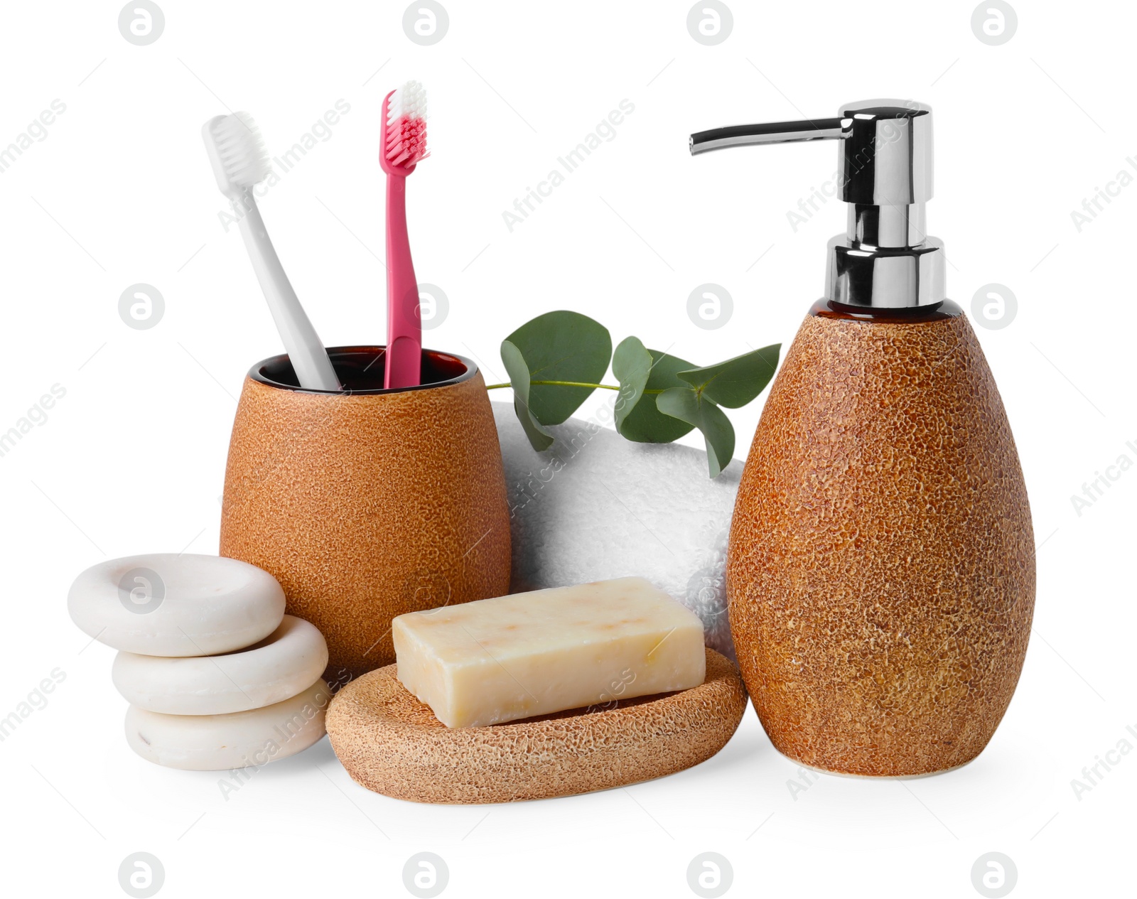 Photo of Bath accessories. Set of different personal care products and eucalyptus leaves isolated on white