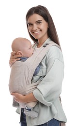 Mother holding her child in baby carrier on white background