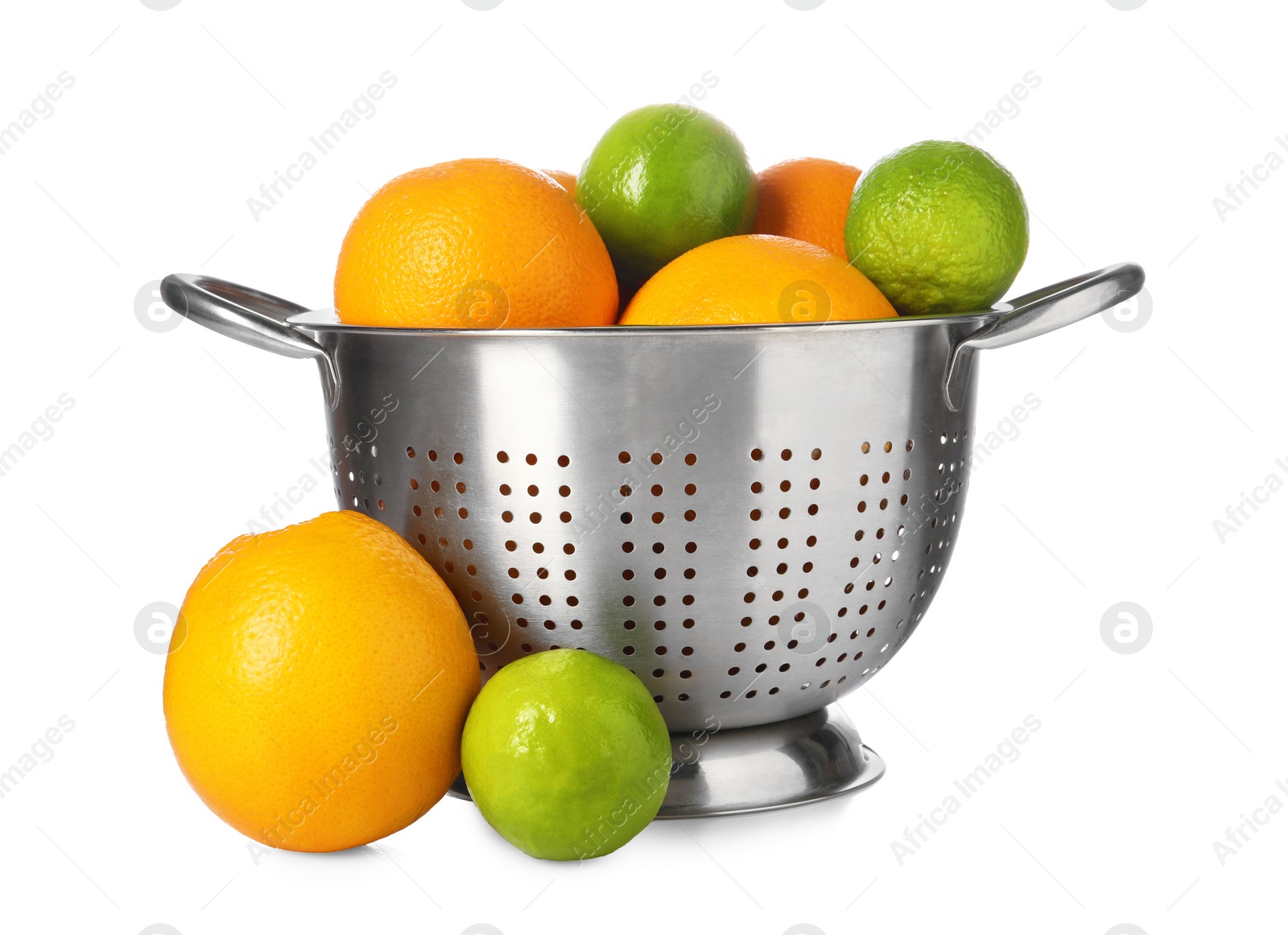 Photo of Colander with fresh fruits isolated on white