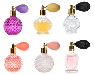 Image of Set with different bottles of luxury perfume on white background