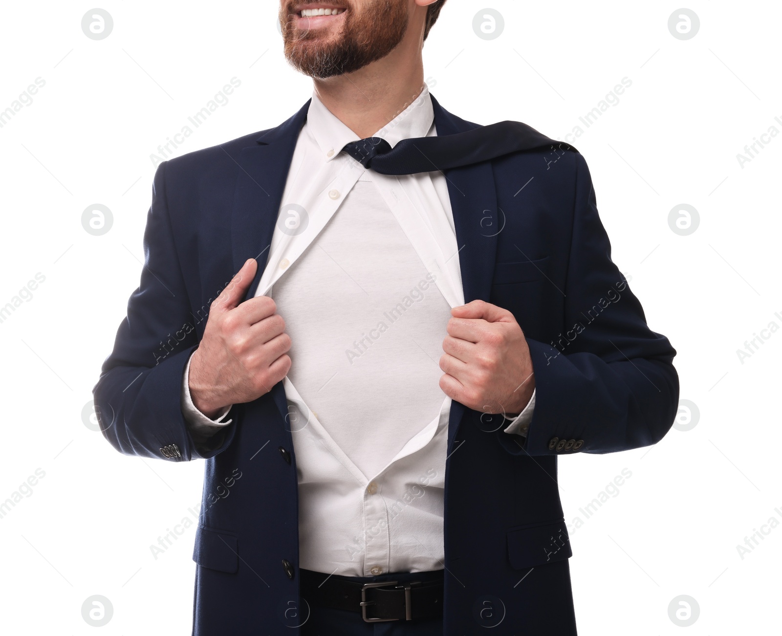 Photo of Businessman wearing superhero costume under suit on white background, closeup