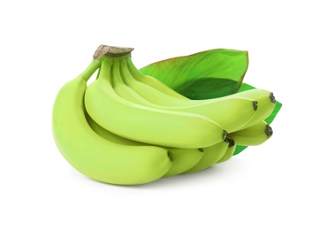 Cluster of green bananas on white background