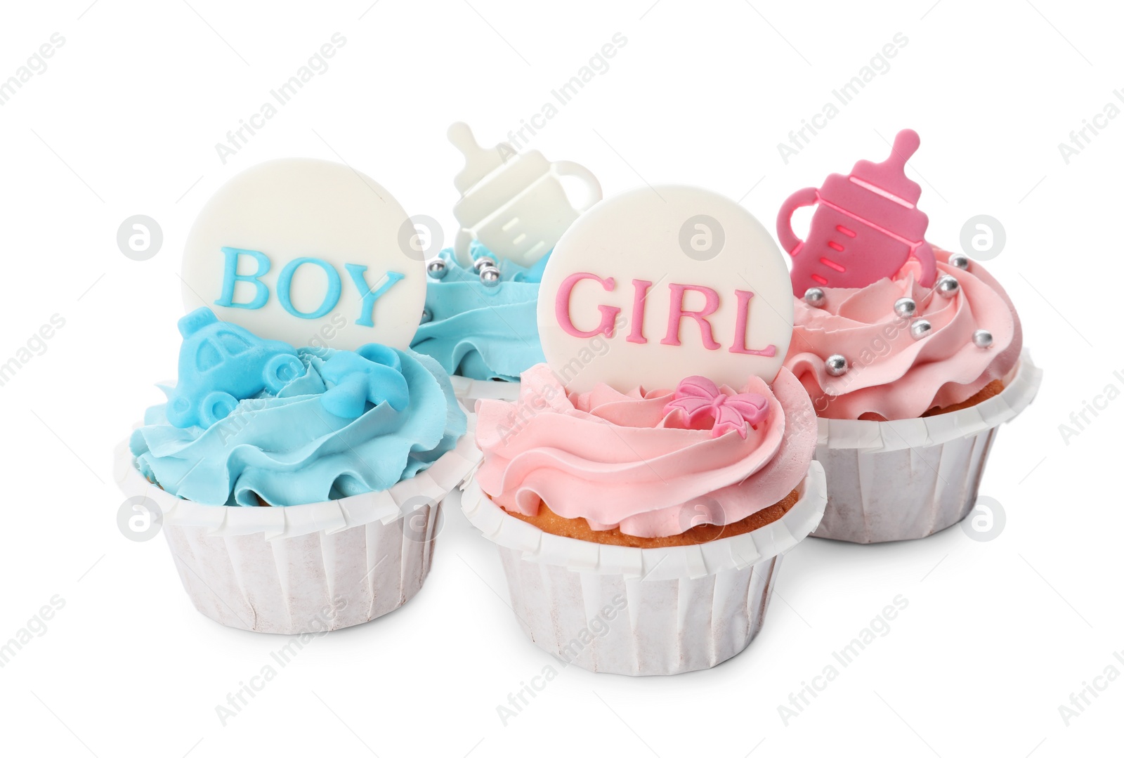 Photo of Baby shower cupcakes with light blue and pink cream on white background