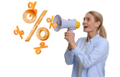 Discount offer. Woman shouting into megaphone on white background. Percent signs coming out from device