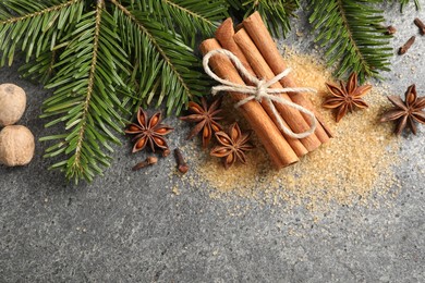 Different spices and fir branches on gray table, flat lay. Space for text