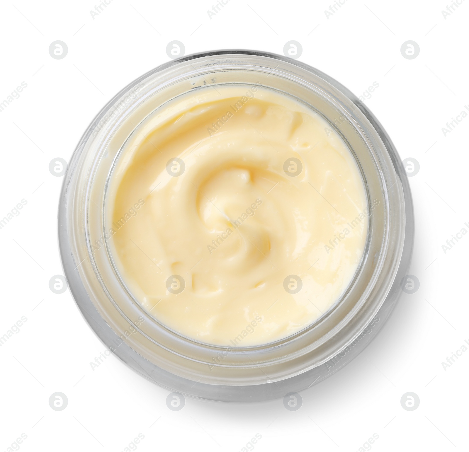 Photo of Jar of body cream isolated on white, top view