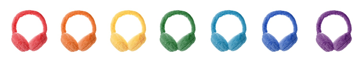 Image of Set with different colorful soft earmuffs on white background. Banner design