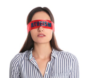 Image of Woman wearing red blindfold with word Atheism on white background