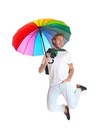 Man with rainbow umbrella on white background