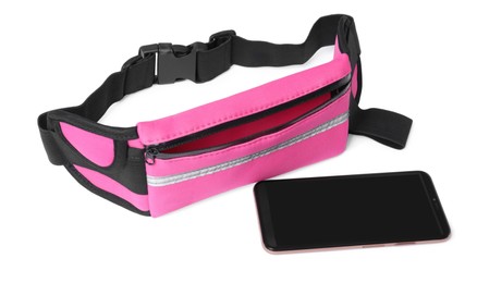 Stylish pink waist bag with smartphone on white background