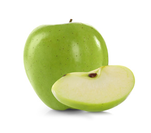 Image of Cut and whole green apples on white background