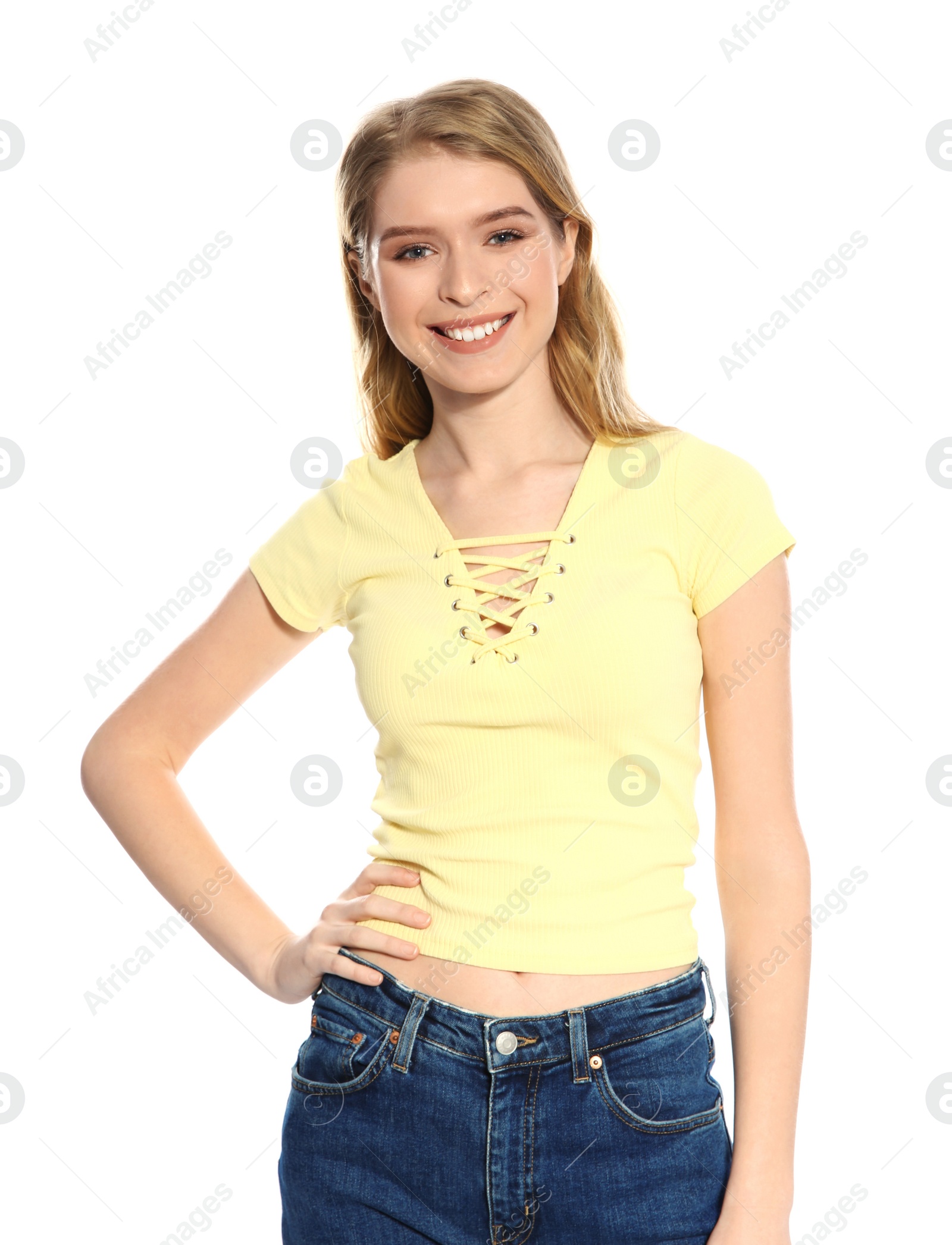 Photo of Portrait of beautiful young woman on white background