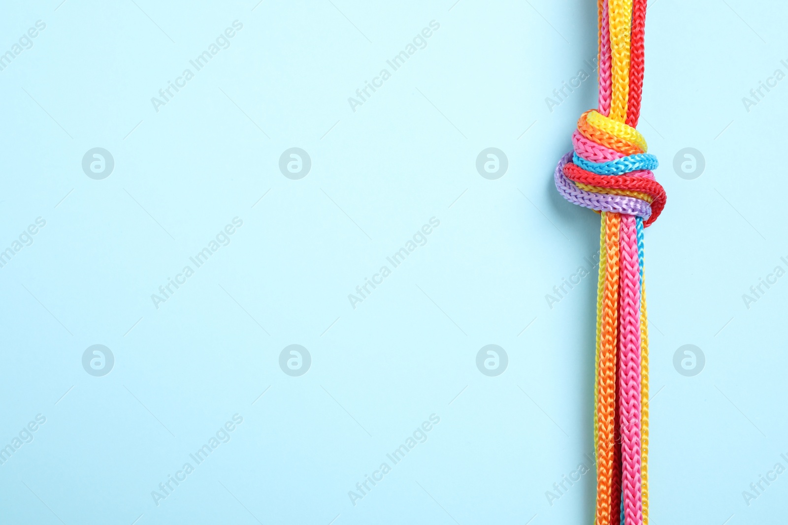 Photo of Top view of colorful ropes tied together on light blue background, space for text. Unity concept
