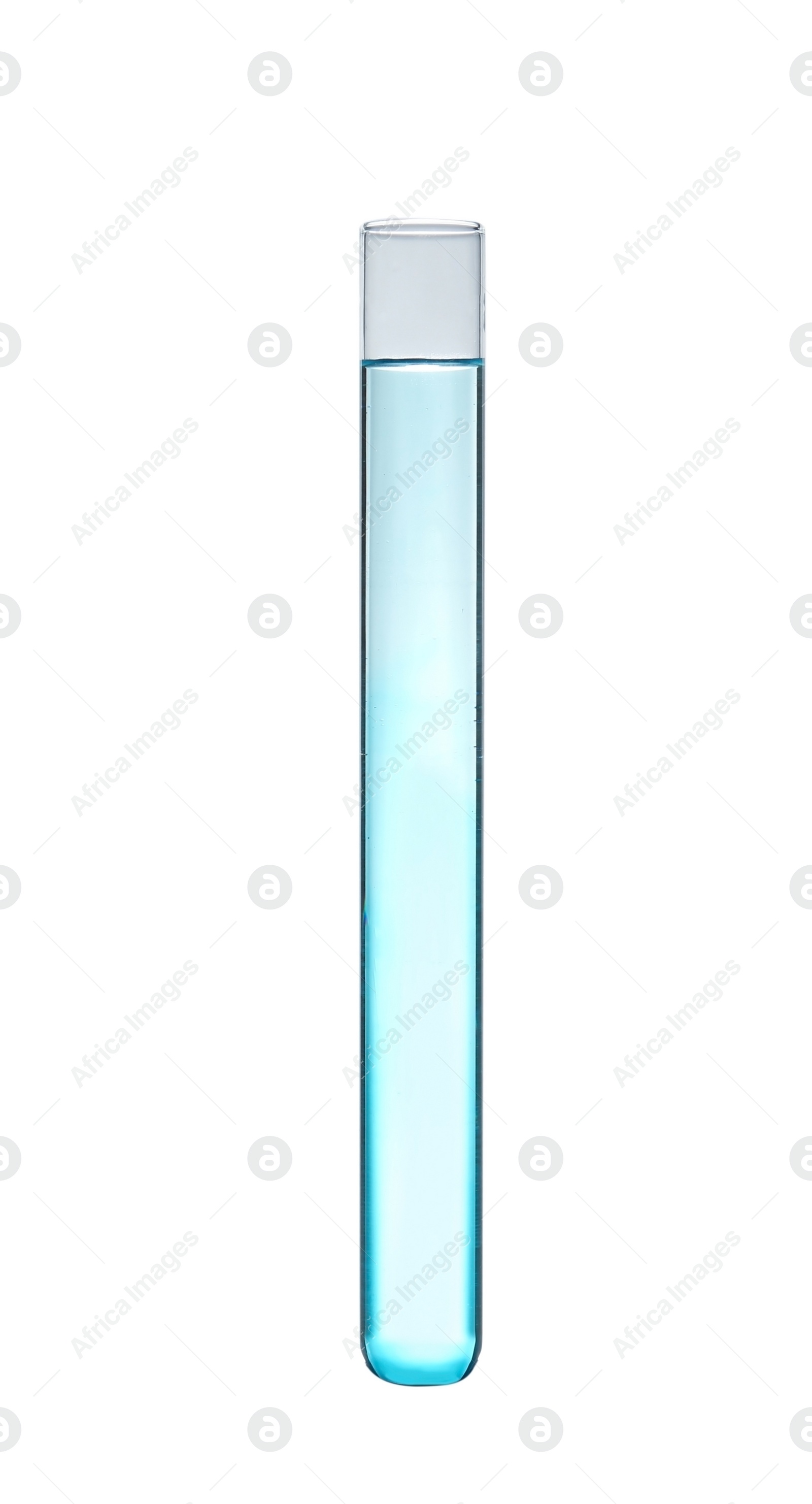 Photo of Test tube with liquid on table against white background. Laboratory analysis