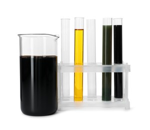 Beaker and test tubes with different types of oil isolated on white