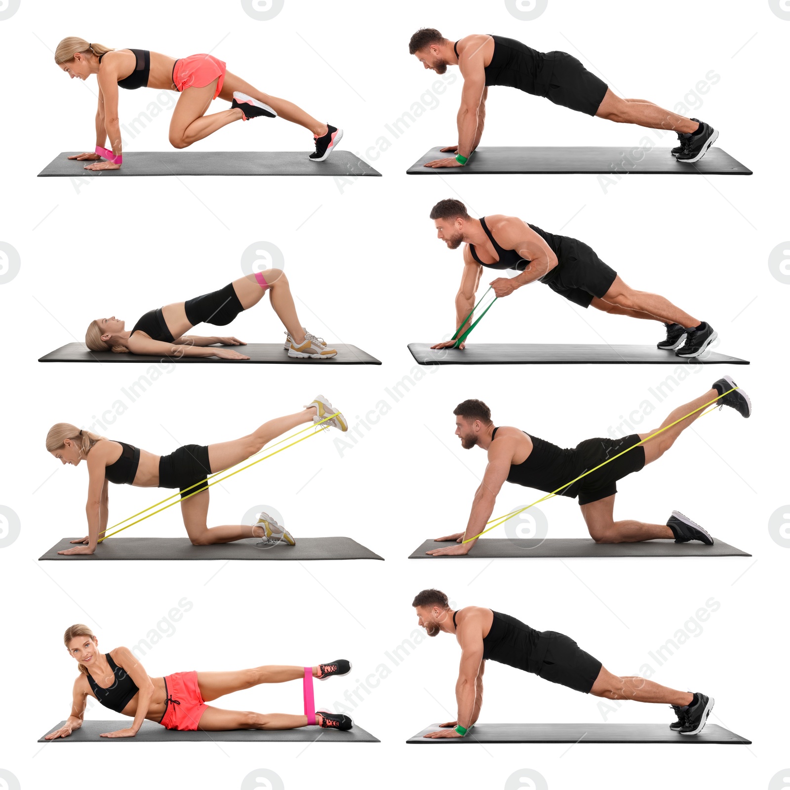 Image of Man and woman doing different exercises with elastic resistance band on white background, set of photos