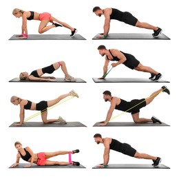 Man and woman doing different exercises with elastic resistance band on white background, set of photos