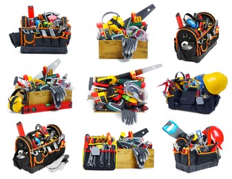 Image of Collage of bags and boxes with tools on white background, different sides