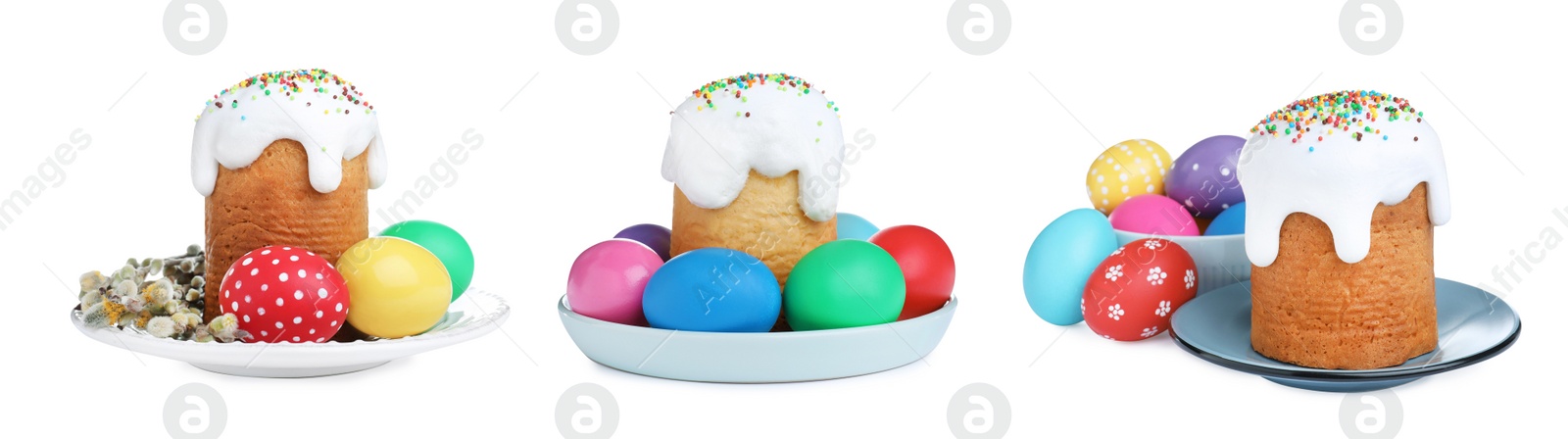 Image of Set with traditional Easter cakes and colorful eggs on white background, banner design