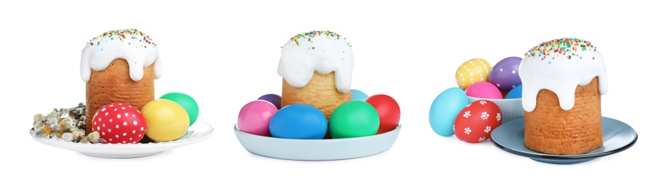Image of Set with traditional Easter cakes and colorful eggs on white background, banner design