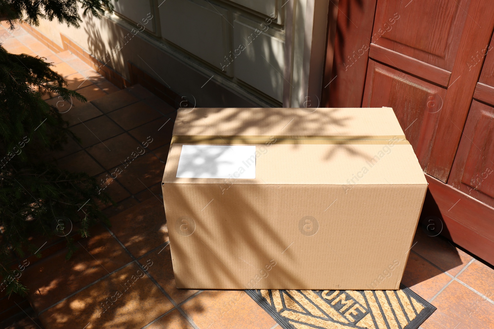 Photo of Delivered parcel on door mat near entrance