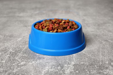 Photo of Dry food in blue pet bowl on grey surface