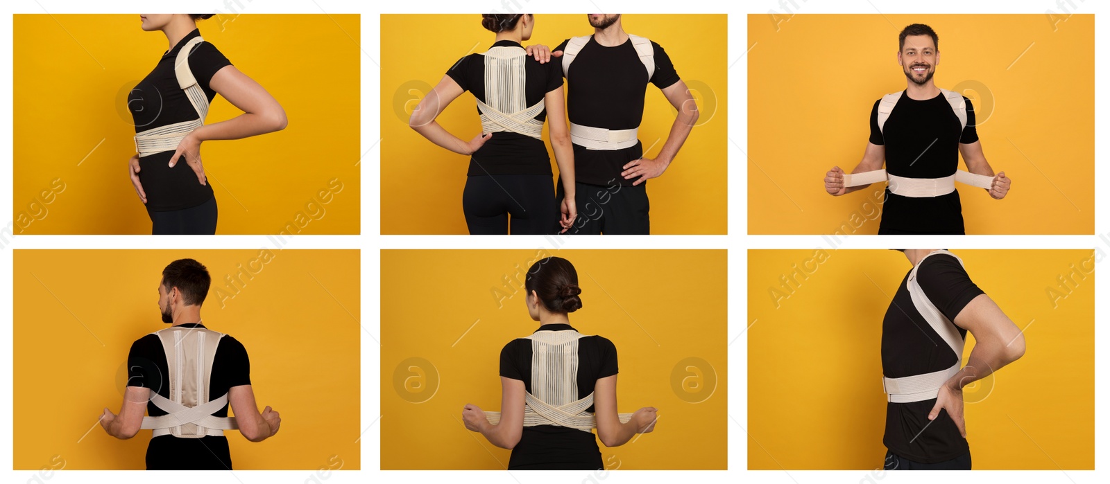 Image of Collage with photos of people with orthopedic corsets on yellow background. Banner design